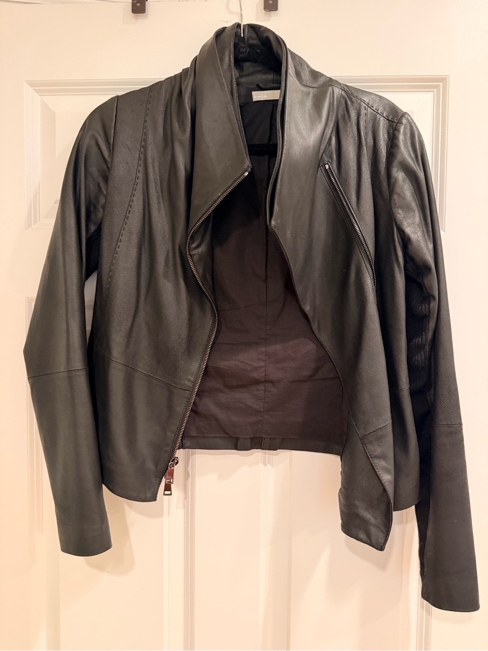Vince Black Leather Draped Zip Moto Jacket